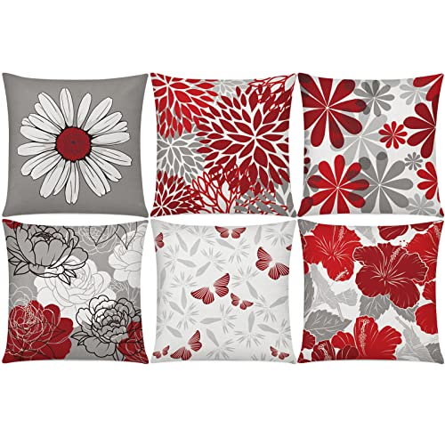 Red Grey Daisy Throw Pillow Covers 20x20 Set of 6 - Farmhouse Home Decor