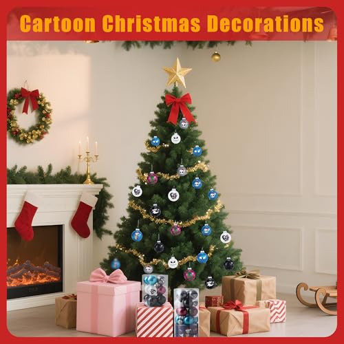 Colorful Skull Pattern Christmas Ornaments Set - 24 Shatterproof Holiday Balls with Hanging Wire