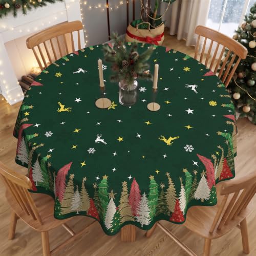 Green Christmas Round Tablecloth 90 Inch Waterproof & Washable Holiday Decor - Xmas Green / 90"