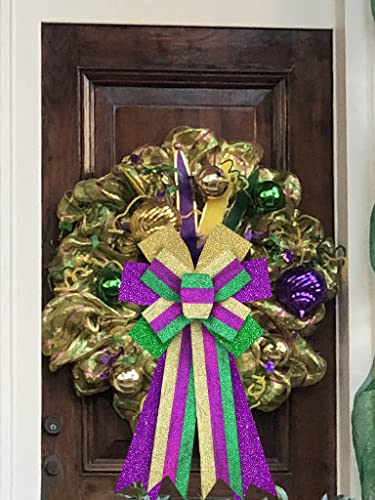 ALIBBON Large Mardi Gras Wreath Bow - Glitter Purple Green Gold Stripe