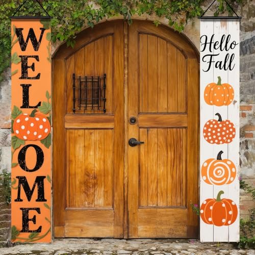 HOMETITUTE Fall Welcome Porch Banner Set 12x71 Inch Pumpkin 2 Pack