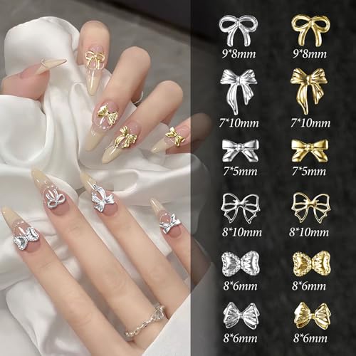 Anower Silver & Gold Bow Nail Charms 12 Styles Alloy Bowknot Studs