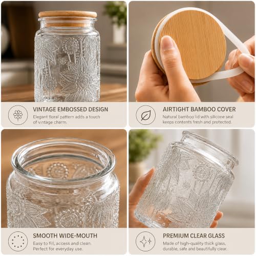 Custde Vintage Sunflower Glass Jar, 23.7oz Airtight Bamboo Lid Container