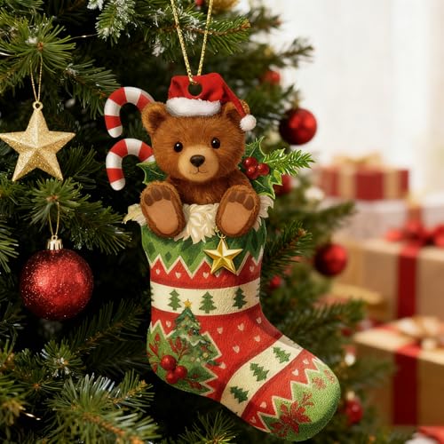 Adorable 2025 Bear Christmas Ornament - Santa Hat & Stocking