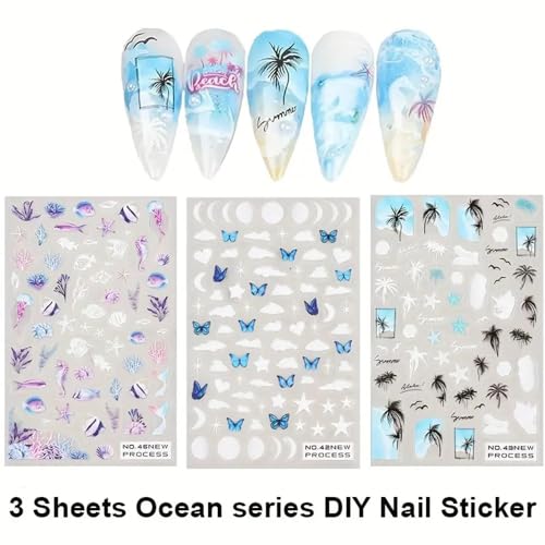 CEWEWP 3 Sheets Summer Ocean Nail Art Stickers 3D Self-Adhesive Decals