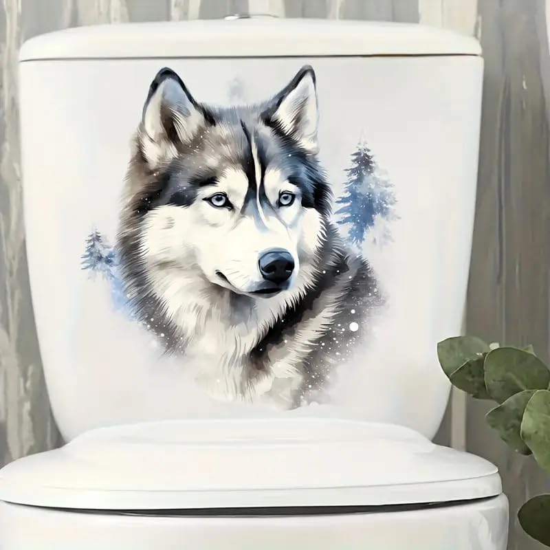 Wolf and Floral Pattern Toilet Lid Decal - Waterproof Self-Adhesive Sticker
