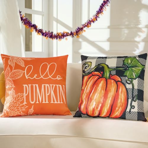 Hongsome Fall Decor Pumpkin Linen Throw Pillow Covers Set of 4 18x18in