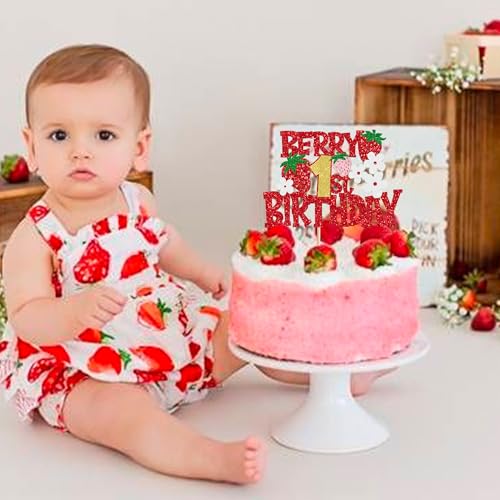 Berry 1st Birthday Cake Topper Red Glitter Strawberry Party Decor