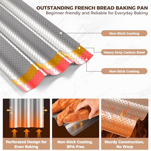 Nonstick Perforated Baguette Bread Pan for 3 Loaves