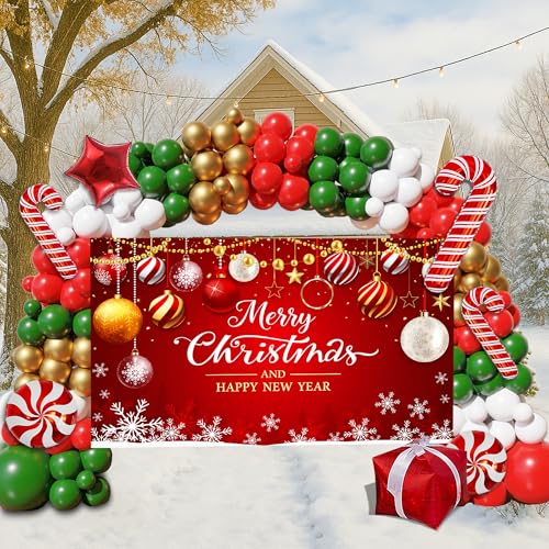 Christmas Balloon Arch Kit with Backdrop and Decorations, 163PCS Party Supplies