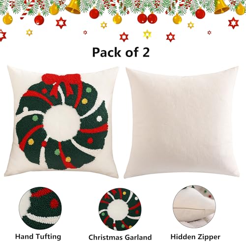 Christmas Throw Pillow Covers 18x18 Set of 2 - Garland with Bow Design