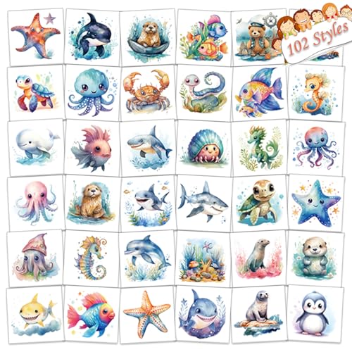 Ocean Animals Temporary Tattoos for Kids - 102 Pcs Waterproof Sea Creature Stickers for Birthday Party Favors