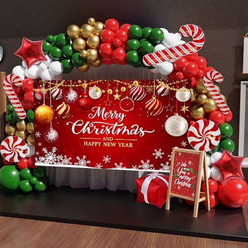 Christmas Balloon Arch Kit with Backdrop and Decorations, 163PCS Party Supplies