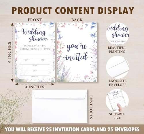 Wildflower Bridal Shower Invitations with Envelopes, 4x6 Set of 25