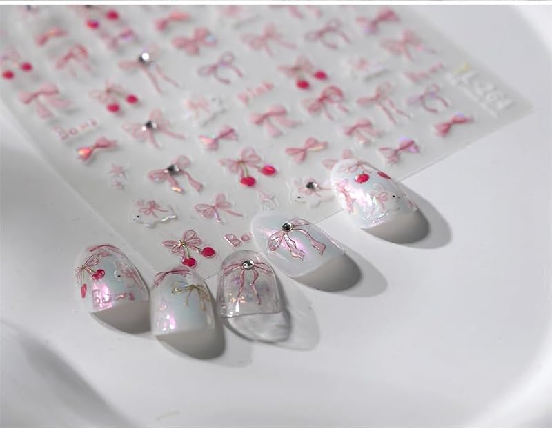 Cherry Nail Stickers 5D Embossed Summer Bow Nail Art Decals