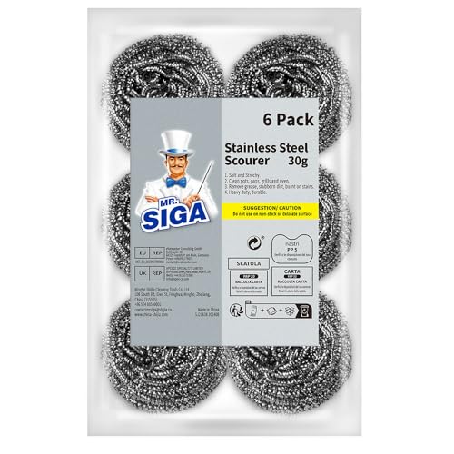MR.SIGA Stainless Steel Scourer Pack of 6 – Heavy Duty Steel Wool Scrubbers for Pots & Pans