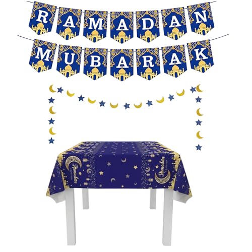 Ramadan Mubarak Decorations Set - Blue and Gold Banner, Garland & Tablecloth
