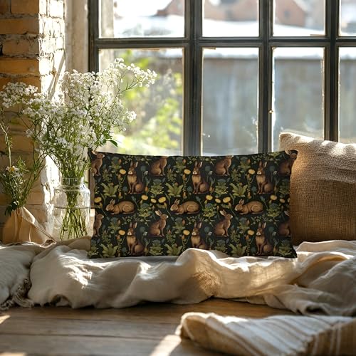 Rustic Dark Floral Rabbit Pillow Cover Botanical Bunny Cushion Cover