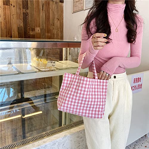 Joyhey Pink Plaid Canvas Tote Bag - Small 7.9" x 12.6" Grocery Beach Bag