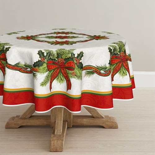 Christmas Tablecloth 90x90 Inch Round Poinsettia Gold Ribbon Red Variation