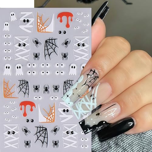 Halloween 5D Embossed Nail Stickers - 4 Sheets Cute Ghost Pumpkin Decals