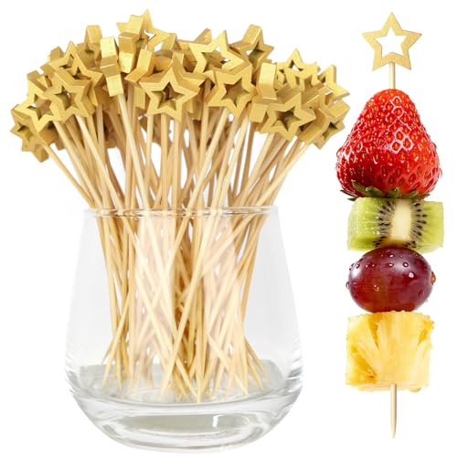 Vicuna R Gold Star Cocktail Picks - 100PCS Bamboo Appetizer Skewers