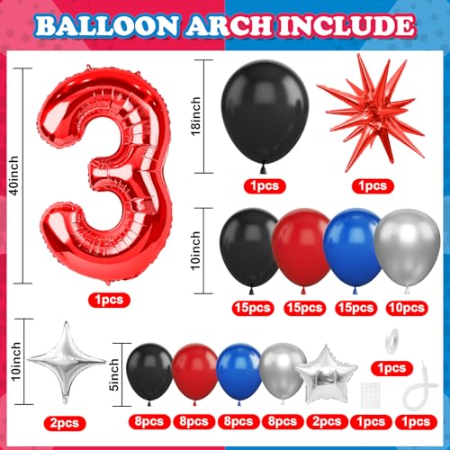 3rd Birthday Decorations Set for Boys - Blue, Black & Red Balloon Kit
