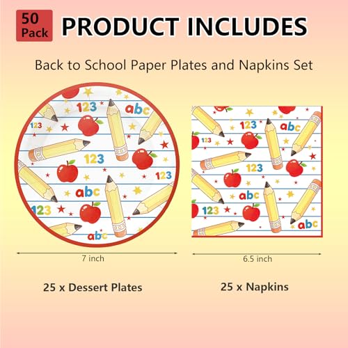 Back to School Plates & Napkins Set - 50 Pcs Apple Pencil Design