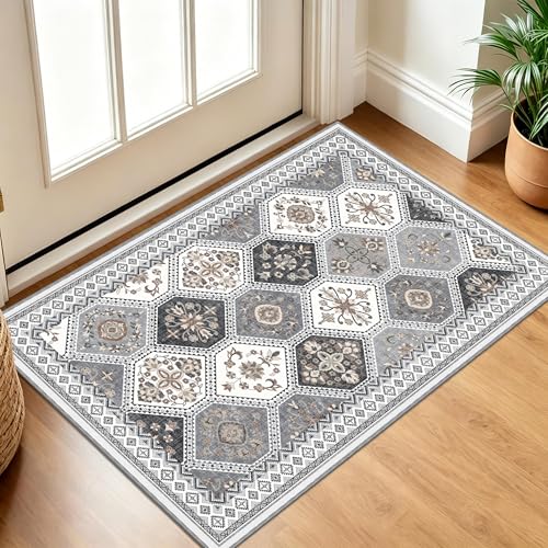 Ema Gray/Gold 2x3 Washable Non-Slip Entryway Rug - Boho Moroccan Style