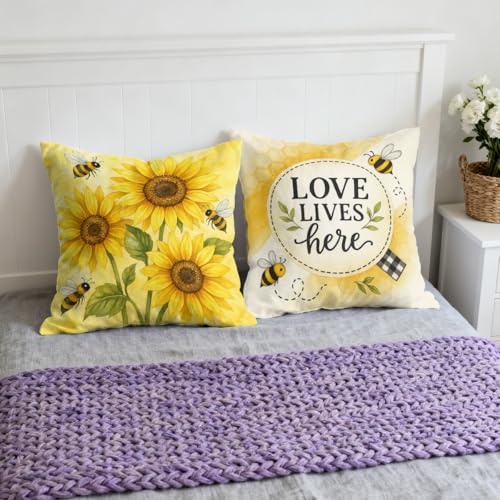 Sunflower Pillow Covers 18x18 inch Set of 4 - Yellow Floral Sofa Decor