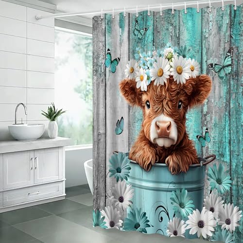 Highland Cow Shower Curtain 70x70 Inches - Teal Floral Design