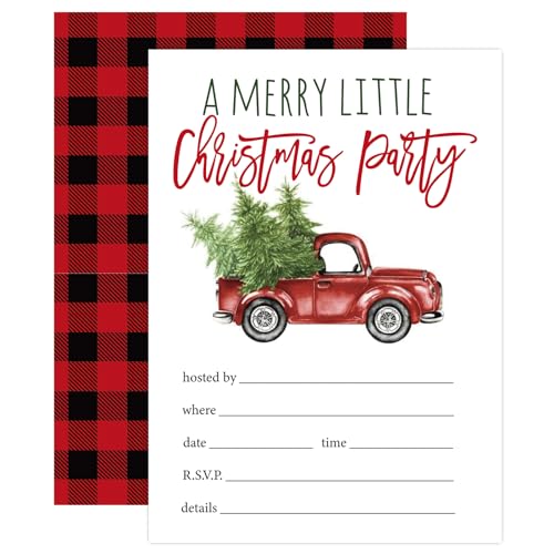 Christmas Invitation Cards Watercolor Red Truck Set with Envelopes