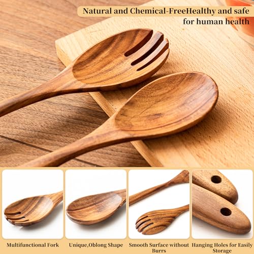 Gudamaye Acacia Wooden Salad Server Set - 13 Inch Salad Tongs with Fork & Spoon, Long Handle Salad Servers, Salad Mixing Utensils, Salad Servers