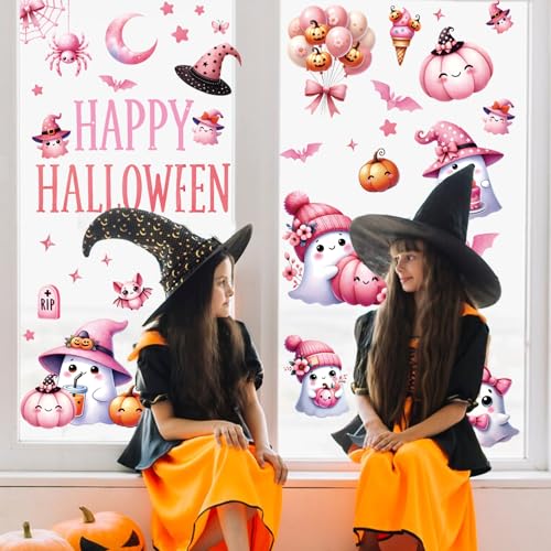 Whaline Halloween Window Clings - 9 Sheets Pink Ghost & Bat Decor