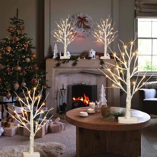 PEIDUO 22 Inch Indoor Birch Tree with LED Lights, Timer, Battery Powered, 4 Pack