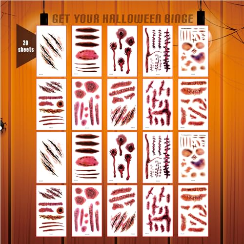 Halloween Temporary Scar Tattoos Waterproof Zombie Makeup Stickers 20 Sheets