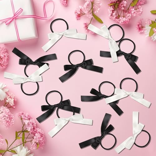 12PCS Silky Satin Hair Bows Ties for Girls and Women, Black and White Ribbon Ponytail Holder Elastics