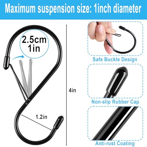 Dreecy 4-Inch Heavy Duty S Hooks with Safety Buckle, 10 Pack Black Metal