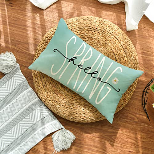 Hello Spring Bluish Green Throw Pillow Cover, 12x20 Inch