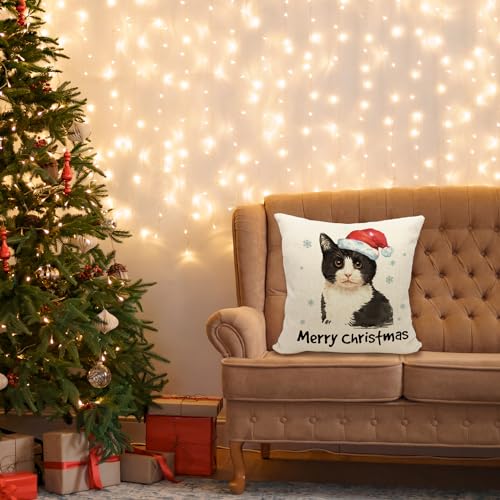 Christmas Cat Pillow Cover 18x18 - Cotton Linen Decorative Throw Pillow for Cat Lovers