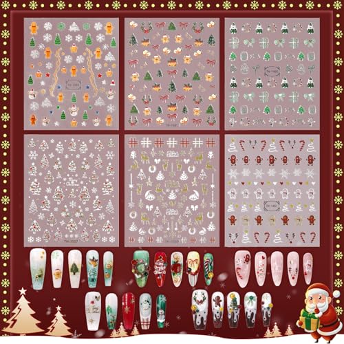 KELHOMECL 6 Sheets Christmas Nail Art Stickers 3D Self-Adhesive Winter Holiday Decals