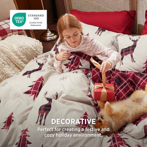Bedsure Reversible Christmas Duvet Cover Set King Reindeer Plaid Holiday Bedding