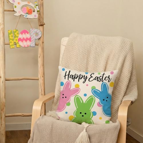 AACORS Easter Pillow Cover 18x18 - Colorful Bunnies & Polka Dots