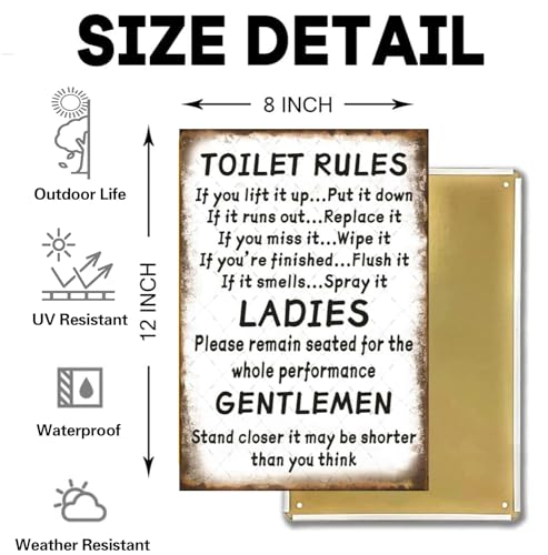 Vintage Toilet Rules Metal Sign | 12x8 Inches Wall Art for Bathroom