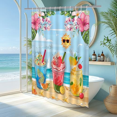Mocsicka Summer Shower Curtain - Colorful Tropical Beach Design, 72x72 Inch with Hooks