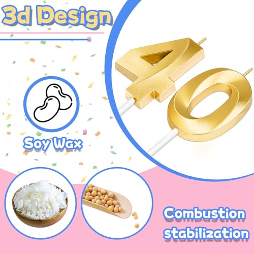 Gold Number 40 Birthday Candles for Cake | Milestone Celebration