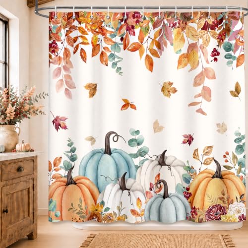 Yellow Pumpkin Shower Curtain with Maple Leaves - 72x72 inches