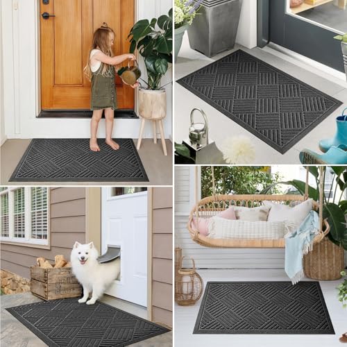PLEASOR Grey 1.5' x 2.5' Indoor/Outdoor Front Door Mat, Dirt-Resistant Entry Rug