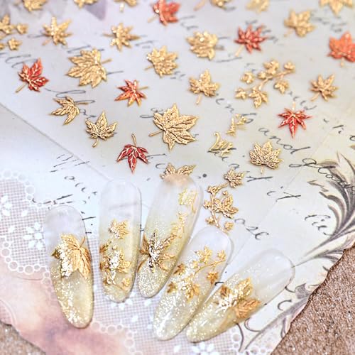 SHUXILIN 5D Embossed Fall Maple Leaf Nail Stickers Self-Adhesive Art Decals