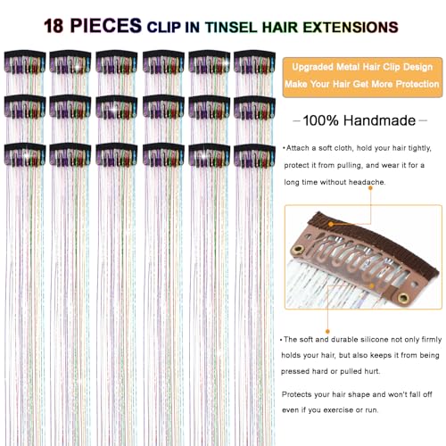 Clip-In Hair Tinsel Extensions - 18 Pcs 20-Inch Colorful Glitter Fairy Hair